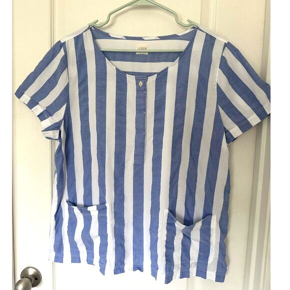 J. Crew Tops - J.Crew Blue & White Striped Popover Cotton Pocket Top